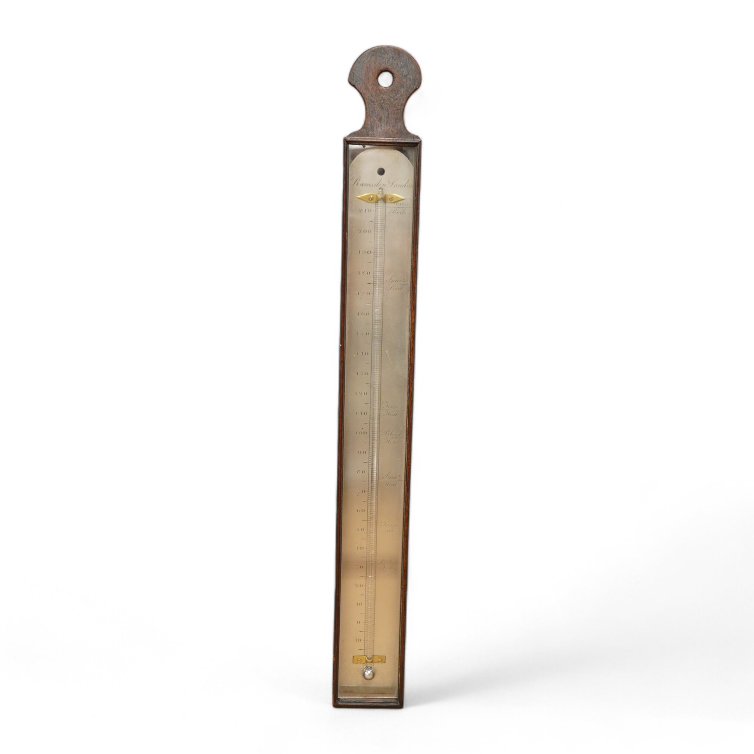 A George III mahogany cased thermometer by Ramsden, London, with silvered scale, height 46cm. Condition - poor to fair, the majority of the mercury now missing and reattachment needed to the top of the case.